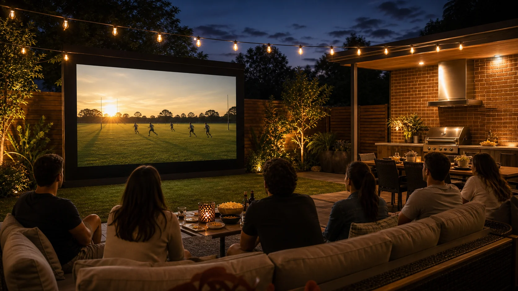 Friends watching sport on an outdoor LED wall