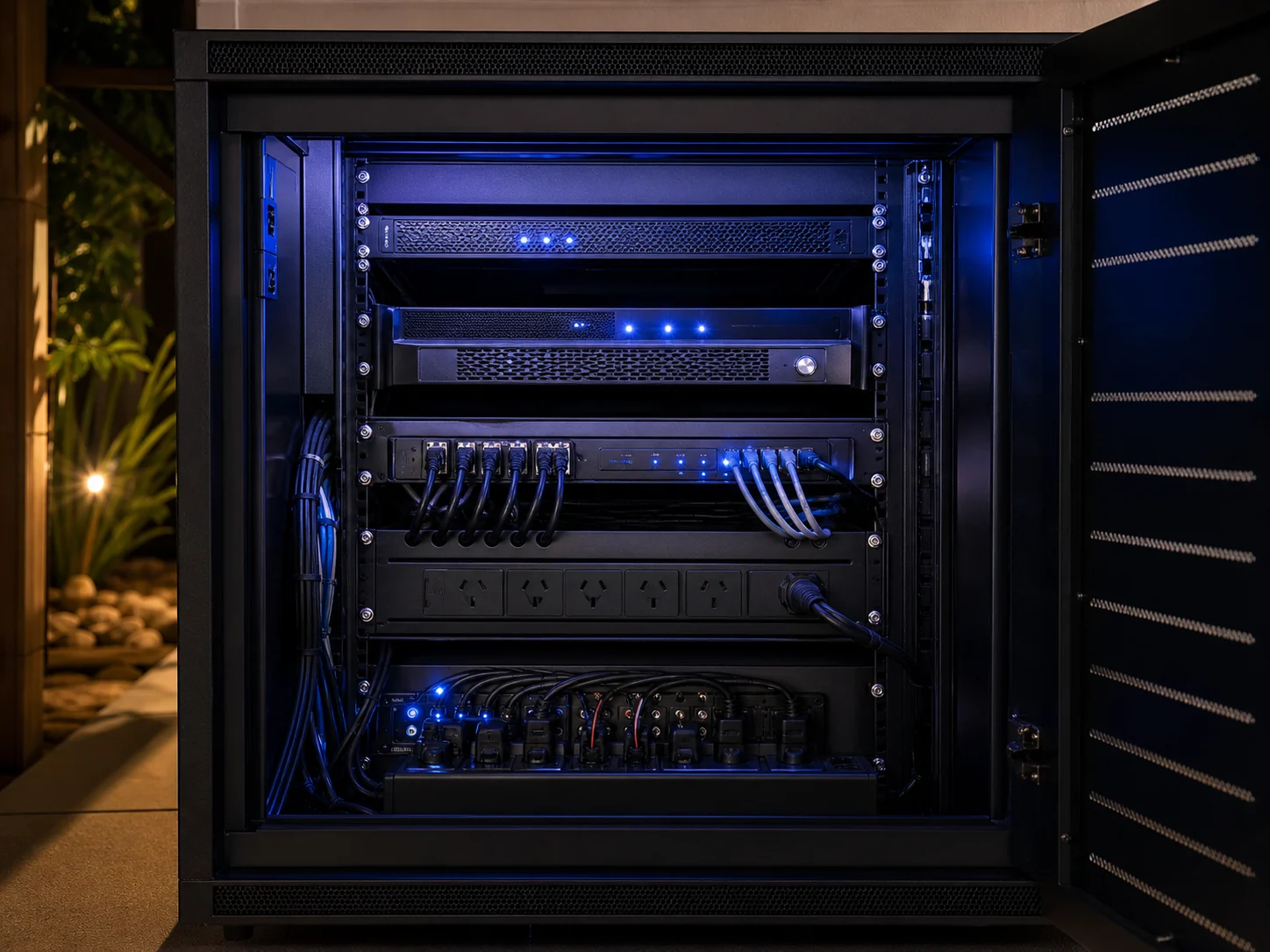 Protected AV cabinet with controller and cabling