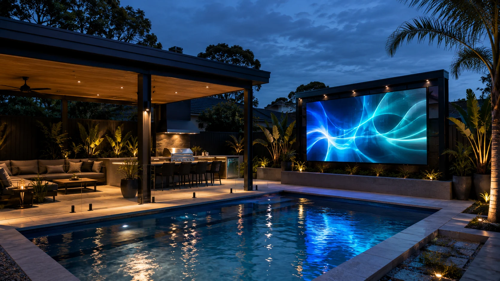 Premium Australian backyard with outdoor LED screen beside a pool