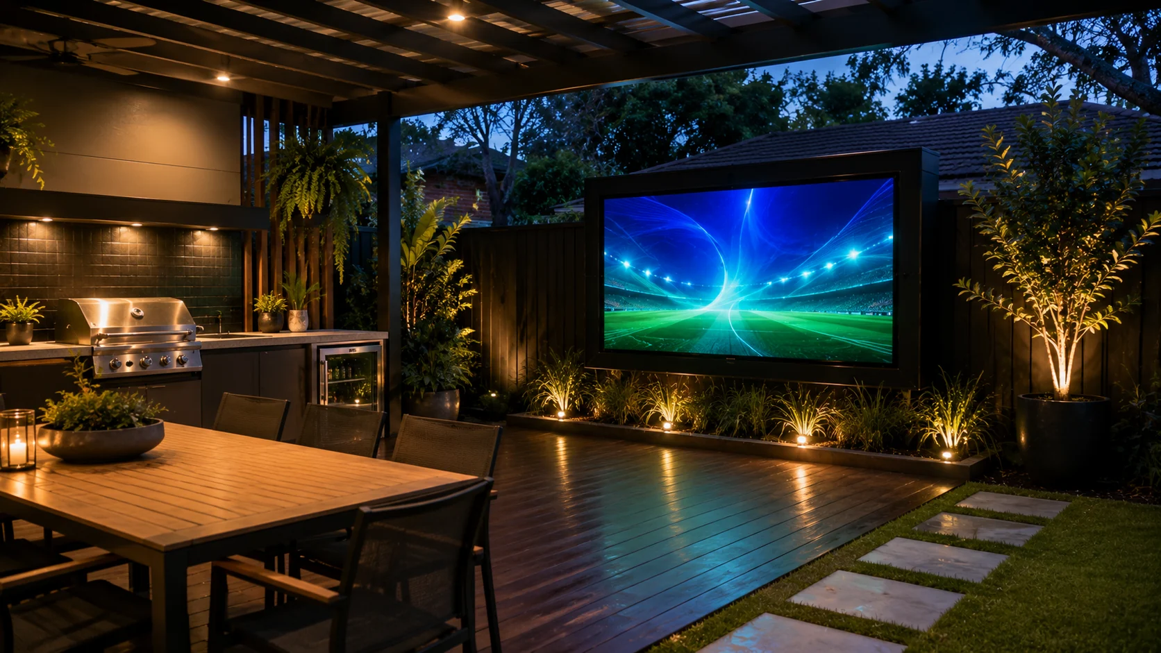Compact patio LED screen package near BBQ area