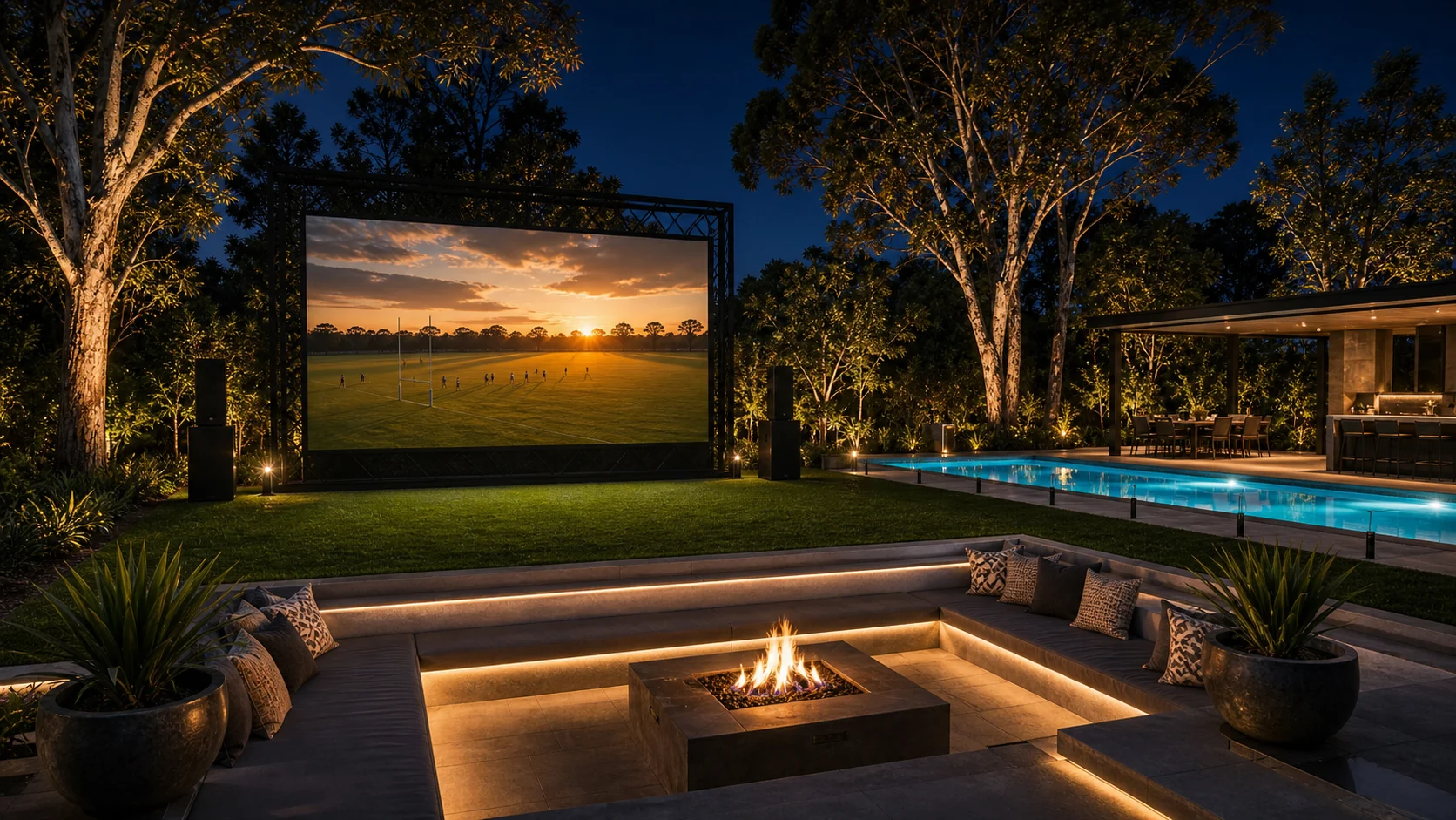 Large backyard LED screen with fire pit and outdoor speakers