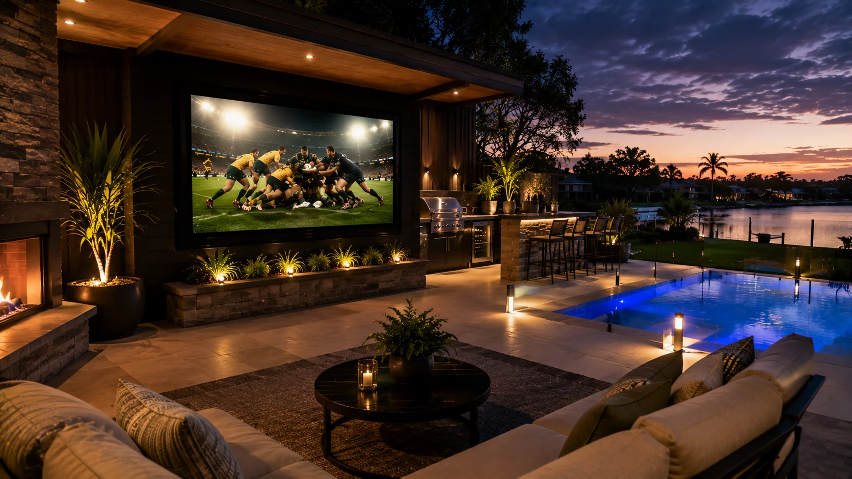 Poolside outdoor LED screen package with alfresco seating