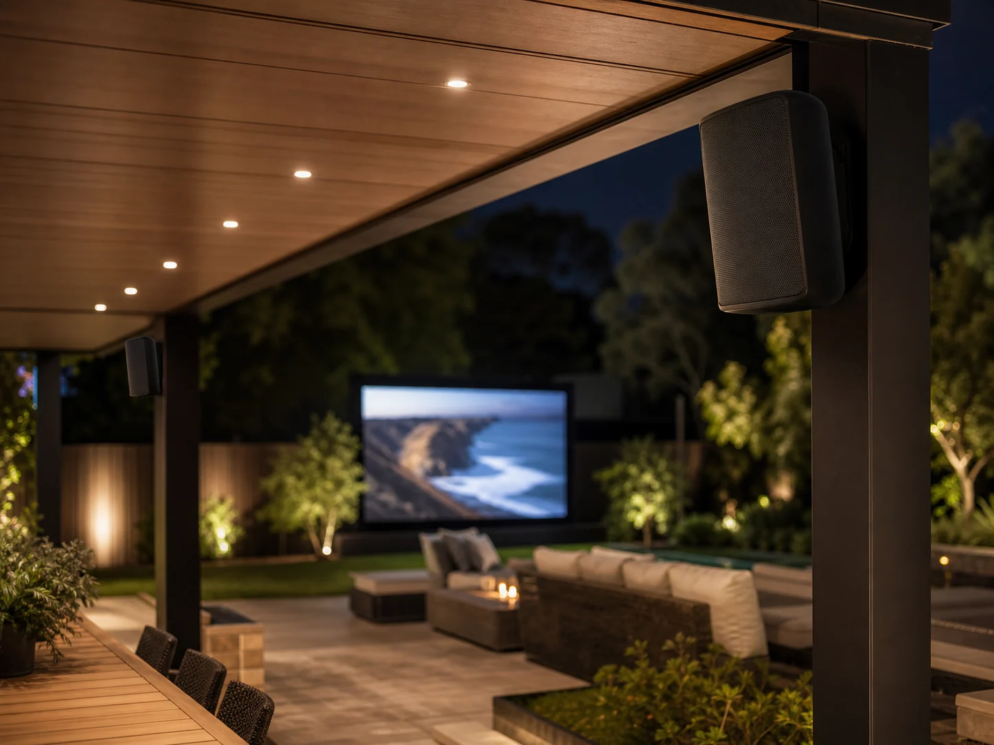 Outdoor speaker setup near alfresco area
