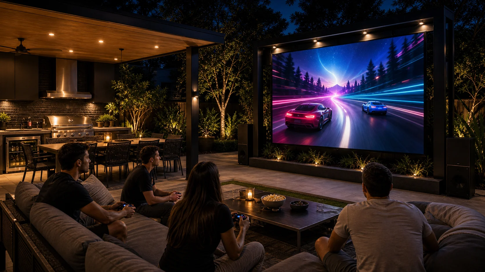Casual outdoor gaming setup on a backyard LED screen